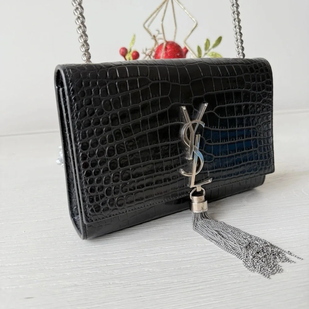 Yves Saint Laurent Black Croc-Embossed Chain Bag - Picture 3 of 8